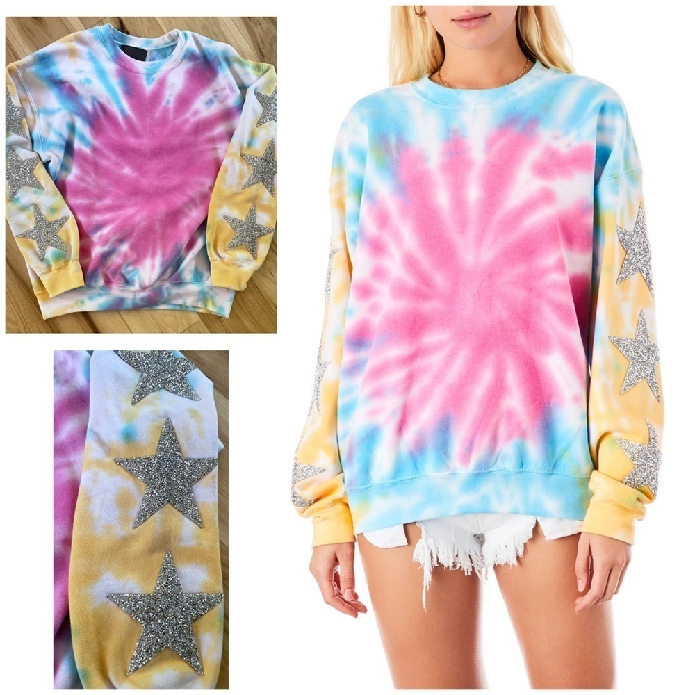 Carmar Denim Rhinestone Stars Tie Dye Star Patch Pullover Oversized Sweatshirt